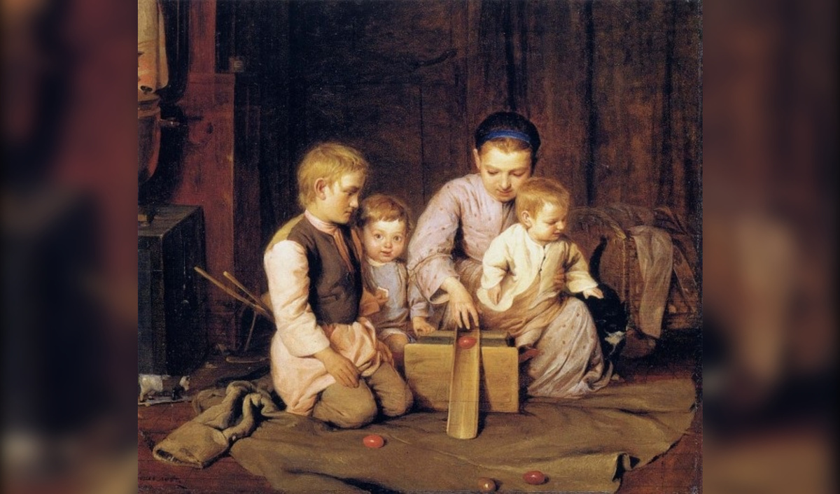 картина «Дети, катающие пасхальные яйца» Н. А. Кошелев. 1855 г. Холст, масло