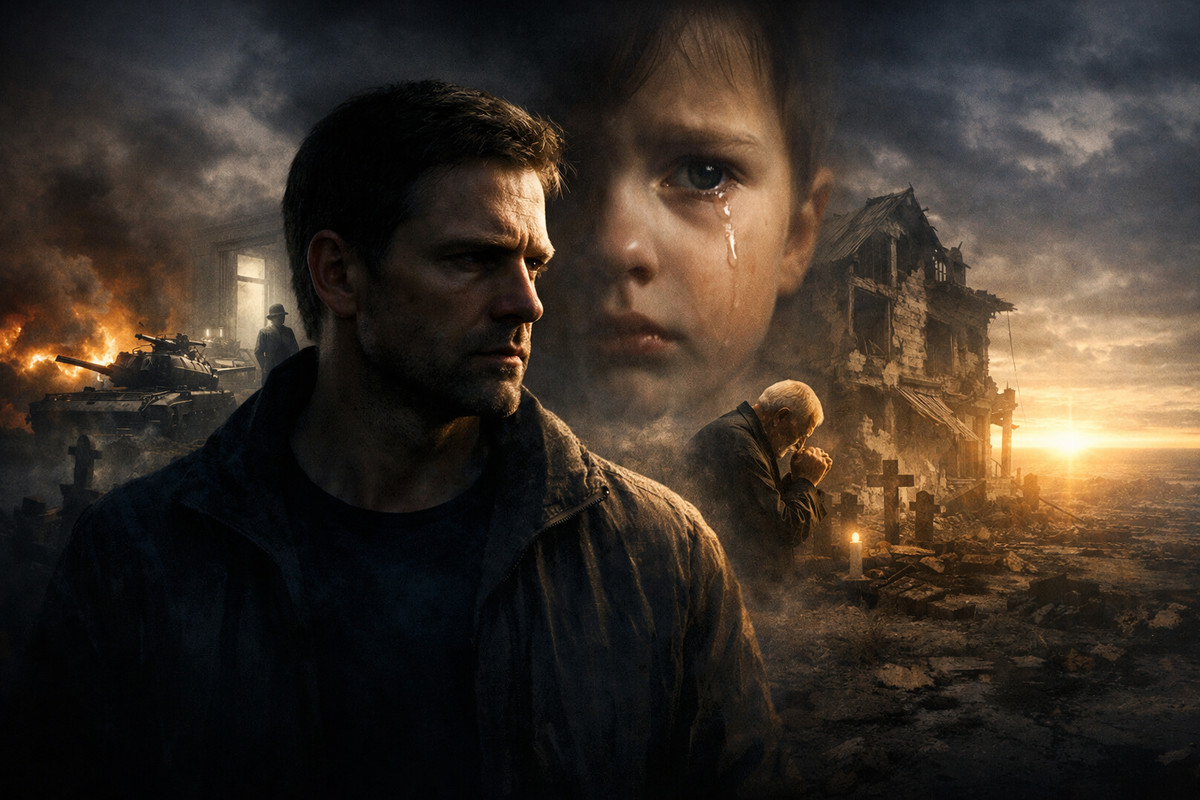 Большая философская сцена о проблеме зла. На переднем плане — один современный человек, стоящий в полумраке между светом и тенью, с напряжённым лицом и взглядом, обращённым вглубь мира. За ним в едином пространстве соединяются война, больница, кладбище, детская слеза, разрушенный дом, молящийся человек и далёкий свет небесного горизонта. Атмосфера предельного вопроса к бытию: как совместить Бога и зло. 