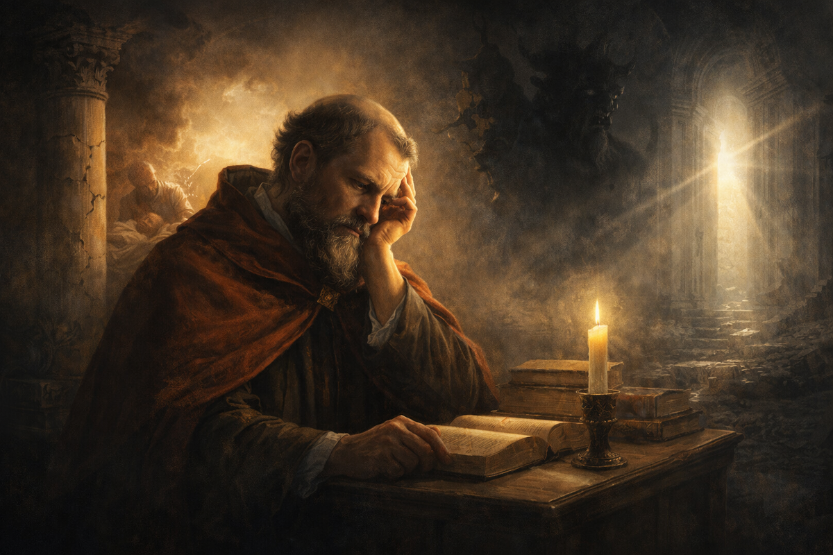 Историко-философская композиция: Августин в глубокой задумчивости за письменным столом с книгами и свечой. За ним — символические образы света и тьмы, треснувшая колонна, больной человек и луч света, пробивающийся в храмовый полумрак. Главная мысль сцены: зло как порча добра, а не самостоятельная сущность. 