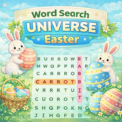2. Поиск слов: Вселенная Пасхи (Word Search Universe Easter)
Описание: Классический филворд в праздничном оформлении. Среди сотен букв спрятаны слова, связанные с весной и праздником. Тренируйте внимательность, не выходя из браузера.Почему это круто: Развивает словарный запас и помогает сфокусироваться. Никакой спешки — только вы и поиск смыслов.🔗 Найти все слова в Word Search Universe