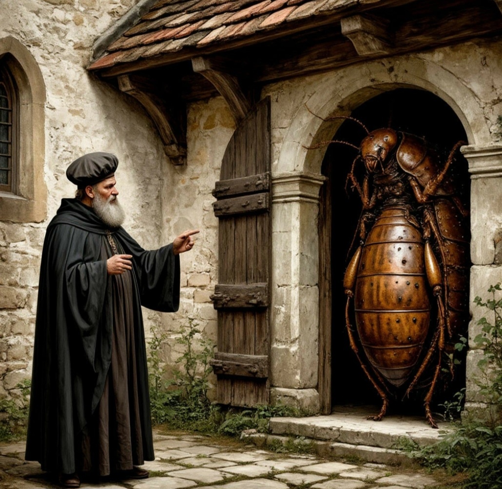 «Кстати, нейросеть, когда я попросила её нарисовать суд над термитами, нарисовала судью и термита ростом с человека. Наверное, она решила, что если существо судят — оно должно быть хотя бы видимым. Поэтому простите, но на картинке гигантский термит. Выглядит страшно, но в реальности они были мельче. Намного мельче».