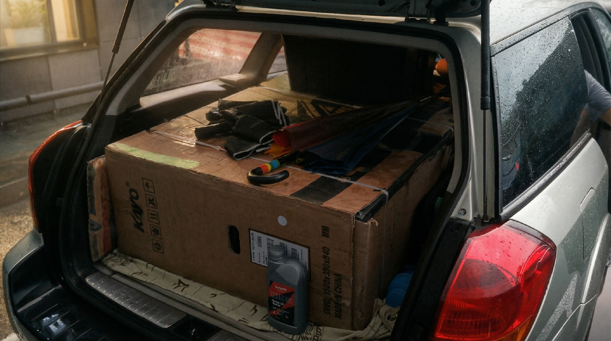 Питбайк поставляется в очень удобном контейнере, который спокойно поместился в мой универсал 