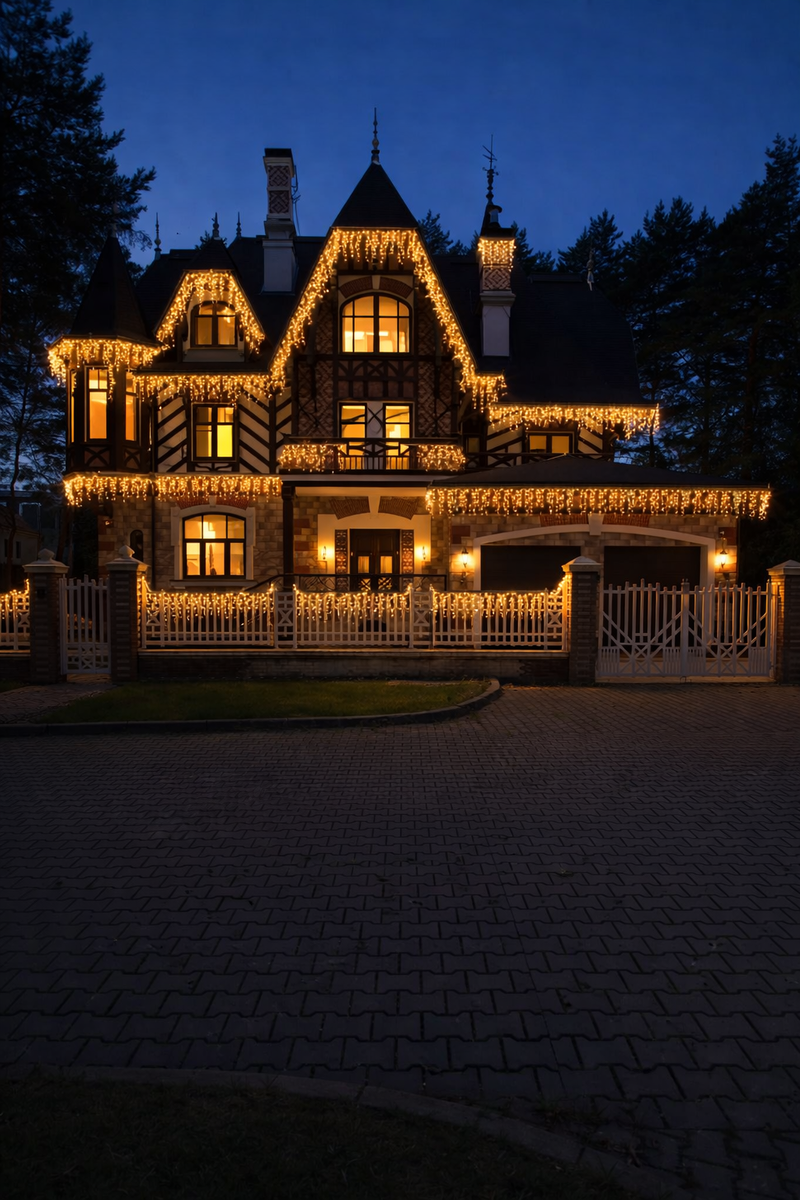 УЛИЧНОЕ НОВОГОДНЕЕ СВЕТОВОЕ ОФОРМЛЕНИЕ ФАСАДА ДОМА В КОТТЕДЖНОМ ПОСЕЛКЕ ДОВИЛЬ. ОБРАЩАЙТЕСЬ СЕЙЧАС!