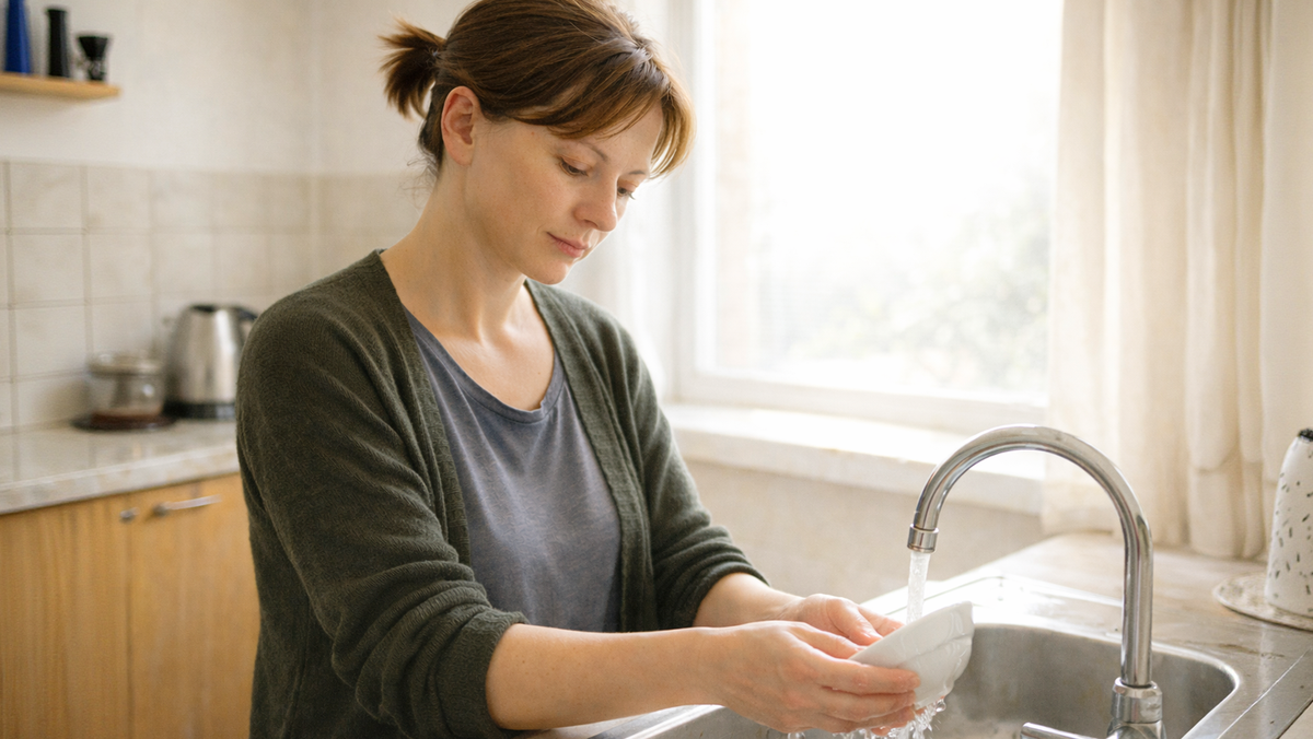 Надежда Викторовна моет посуду на кухне