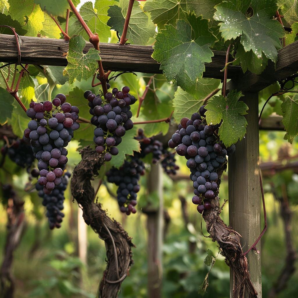 Виноград на шпалере — лозы закреплены на опоре, грозди равномерно освещаются солнцем. Иллюстрация автора.