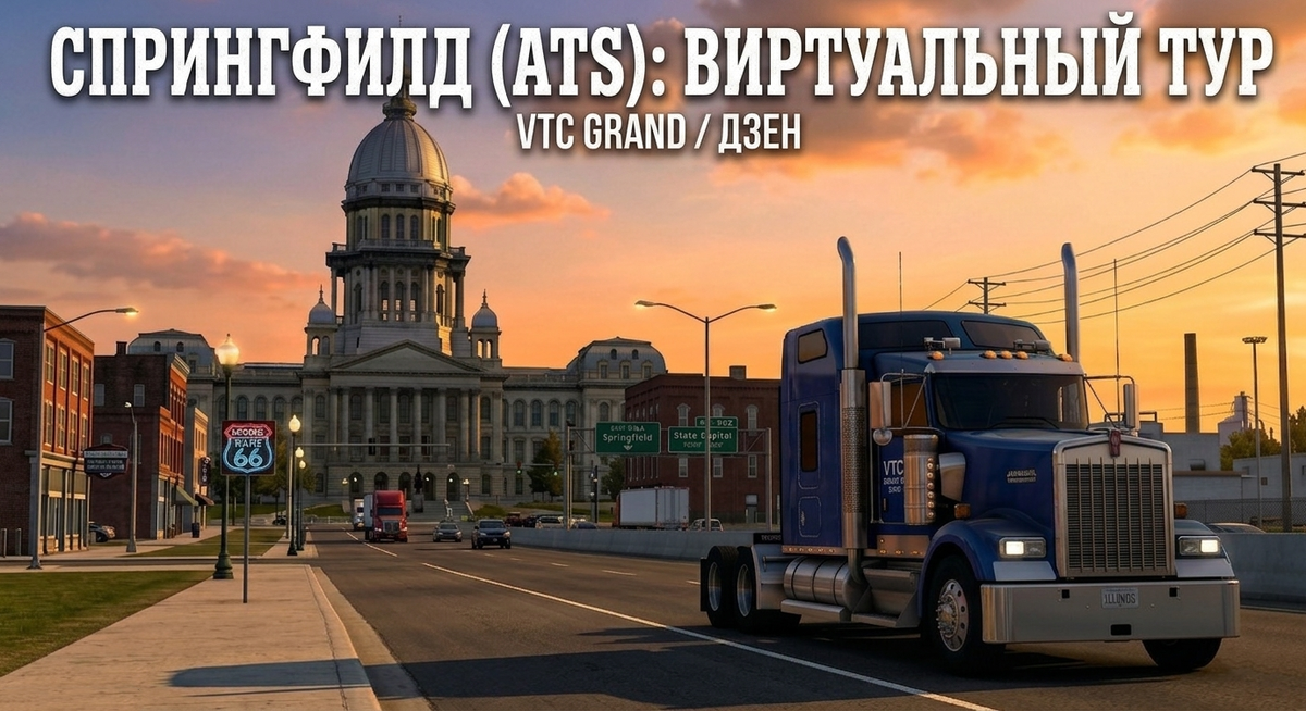 Мощь VTC Grand на улицах Спрингфилда. Скоро в American Truck Simulator. Стилизованный концепт-арт в стиле American Truck Simulator (SCS Software) для визуализации Спрингфилда, Иллинойс. Автор: VTC Grand (AI).