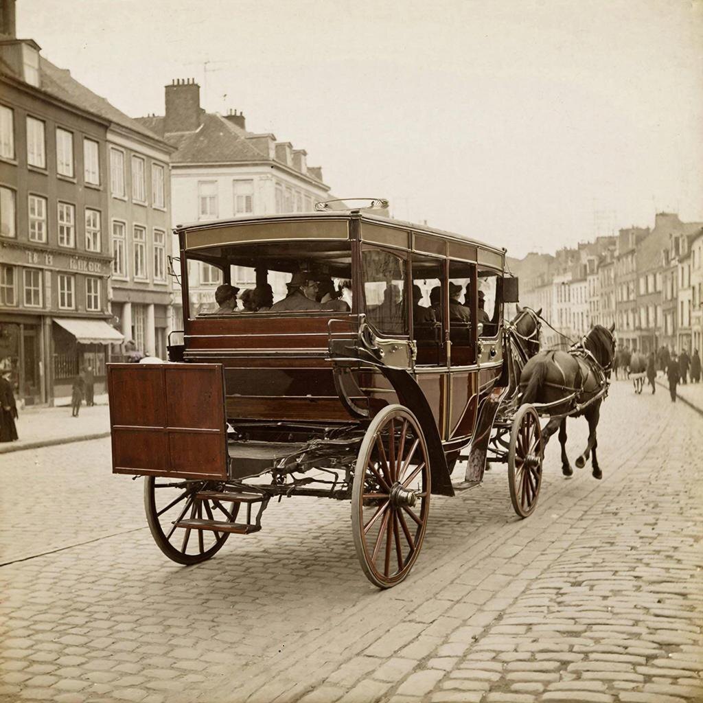 Реконструкция: Париж, 1828 год. Первый омнибус на улицах столицы. Шестнадцать мест, вход с задней платформы, билет — шесть су.