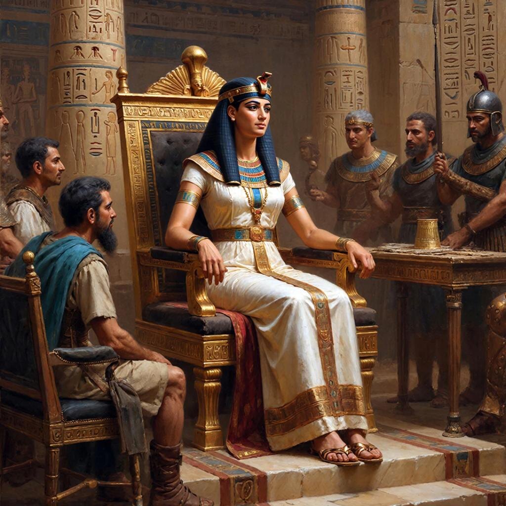 Реконструкция: Клеопатра на троне в Александрии. Не соблазнительница, а царица в окружении советников и телохранителей.