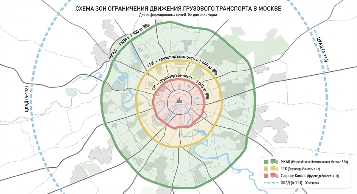 Схема зон ограничения движения грузового транспорта в Москве