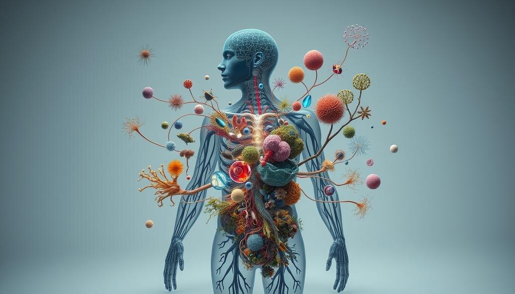    Сложная и загадочная система человеческого организма с символами скрытых экосистем.