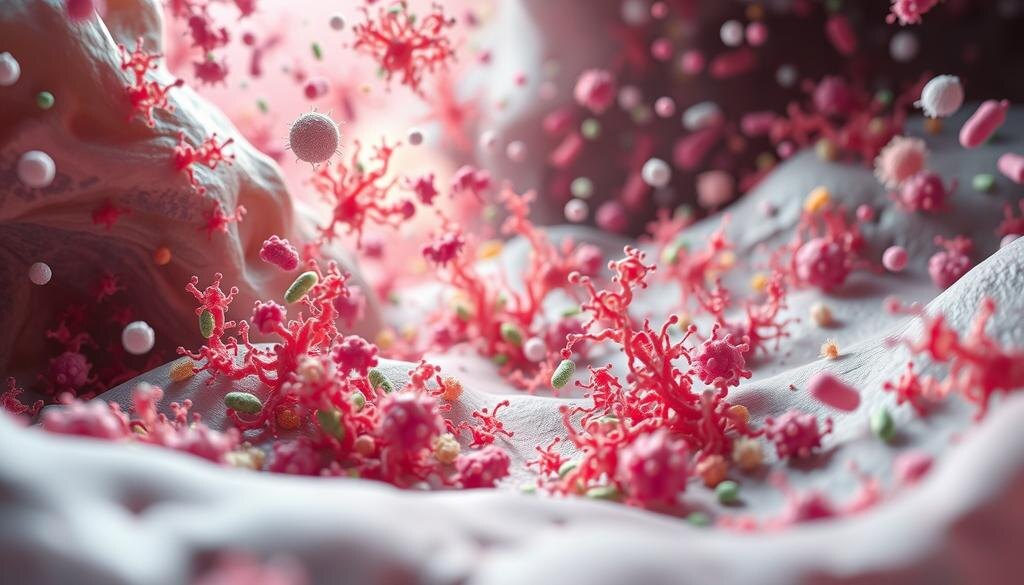    Микробиом кишечника с триллионами бактерий, подчеркивающий его роль во здоровье.