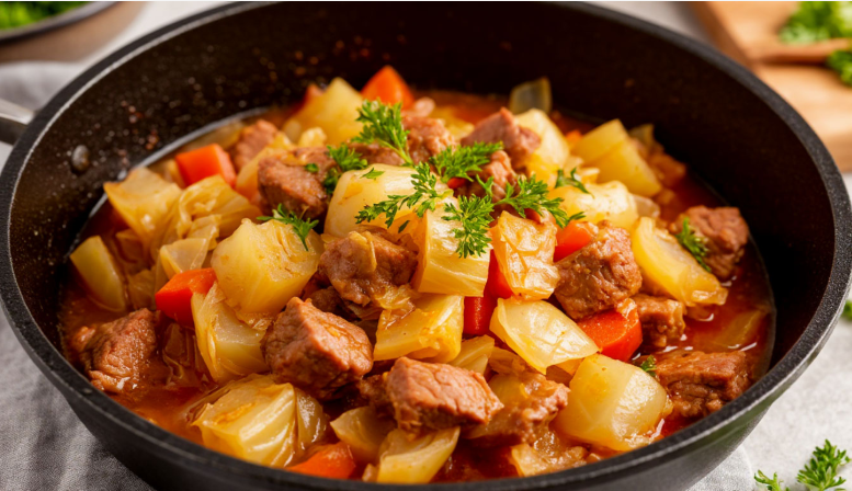 Как вкусно потушить капусту с мясом на сковороде...