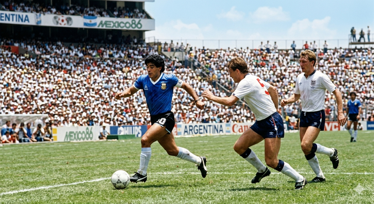 Марадона против Англии на стадионе «Ацтека» в 1986 году. Изображение сгенерировано с помощью ИИ.