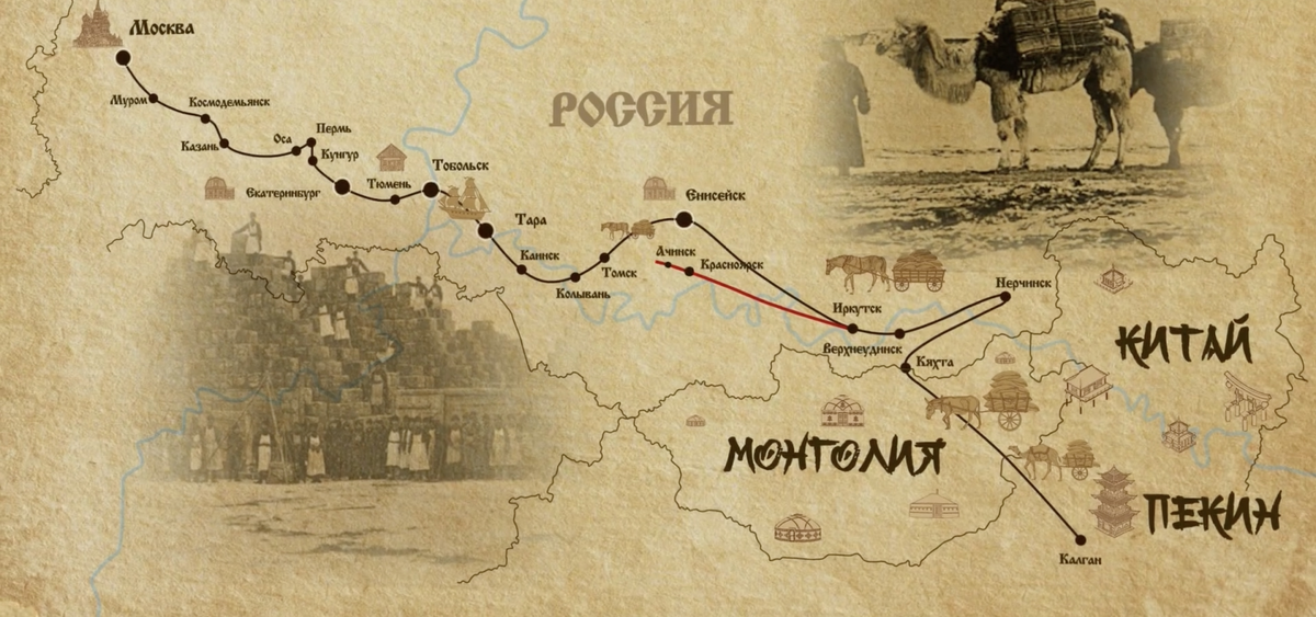 Карта Великого чайного пути из Китая в Москву