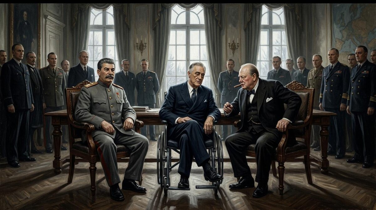 Ялта, февраль 1945: последняя фотография союза — каждый из троих уже знает, что он заканчивается. Историческая визуализация.