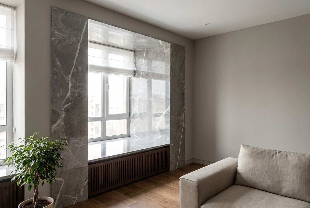 Пример окна с римскими шторами и отделкой подоконника стеновыми панелями VEROL. 