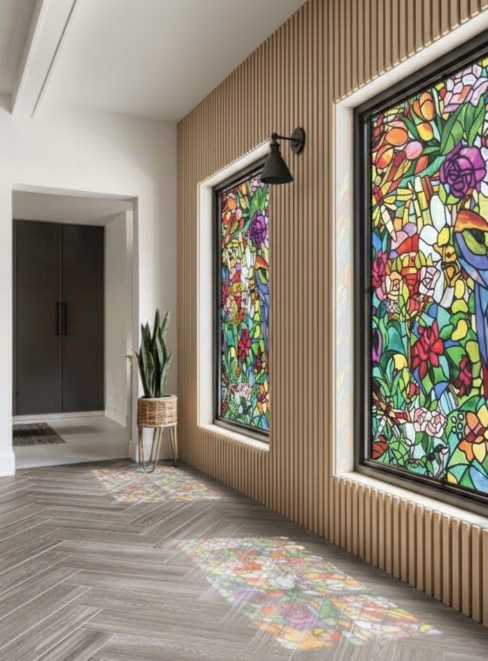 Пример оформления стекла плёнкой для окон VEROL под мозаику.