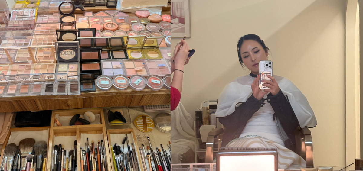 Очень много пастельных цветов в палетках на рабочем столе визажиста