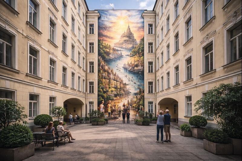 Пример художественной росписи на фасаде дома в Санкт-Петербурге