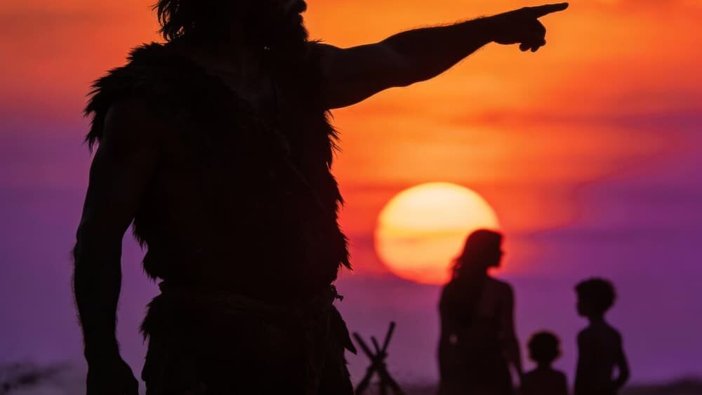 На фотографии изображен древний человек в шкуре, указывающий рукой на горизонт. На фоне заходящего солнца видны силуэты других людей и оранжево-розовое небо. Изображение сгенерировано в ИИ для иллюстрации идеи.