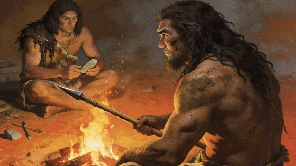На фотографии изображены двое древних мужчин у костра. Один обрабатывает каменные орудия, другой держит копье. Оба одеты в звериные шкуры, вокруг искры от огня. Изображение сгенерировано в ИИ для иллюстрации идеи.