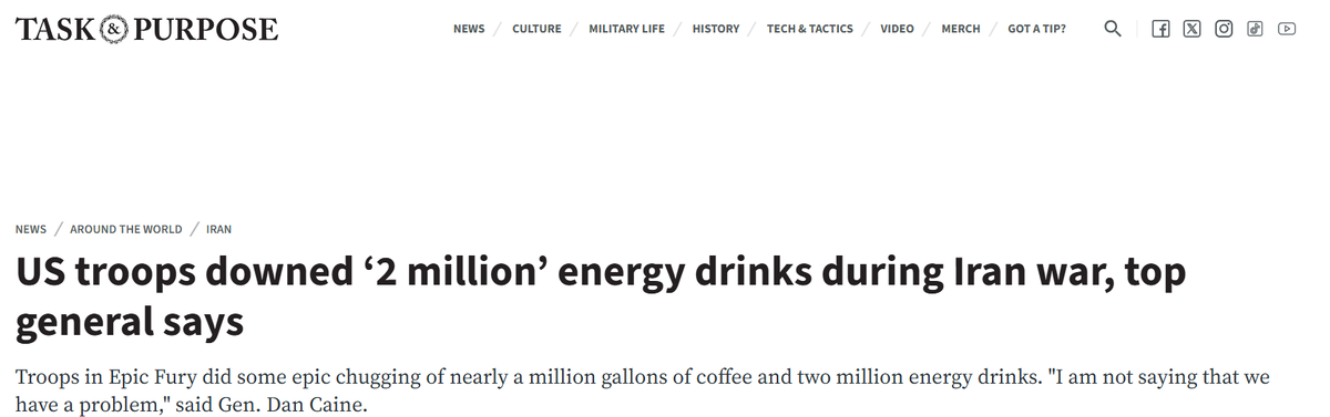 Американские войска выпили 2 миллиона энергетических напитков во время войны с Ираном, заявил высокопоставленный генерал.
В ходе операции «Эпическая ярость» военнослужащие выпили почти миллион галлонов кофе и два миллиона энергетических напитков. «Я не говорю, что у нас есть проблема», — заявил генерал Дэн Кейн