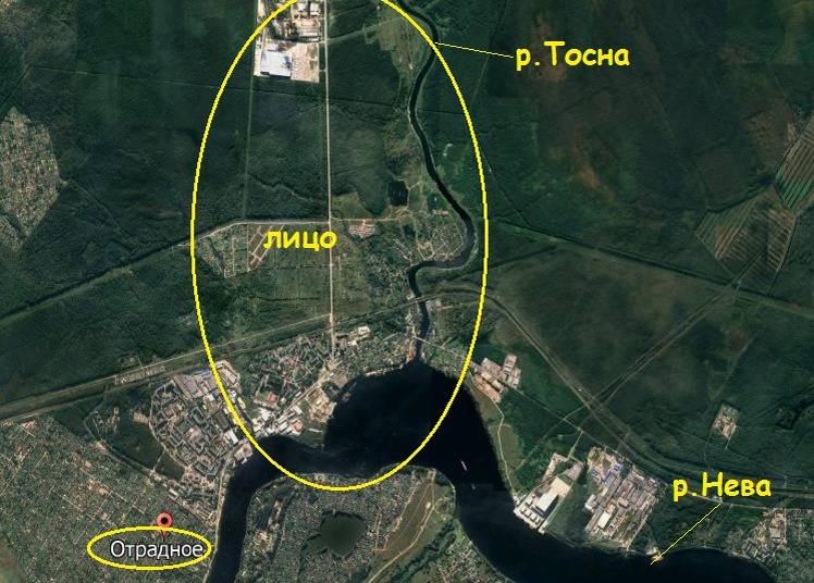 Лицевой гидроним устья реки Тосна в виде "пьющего Неву лица".
