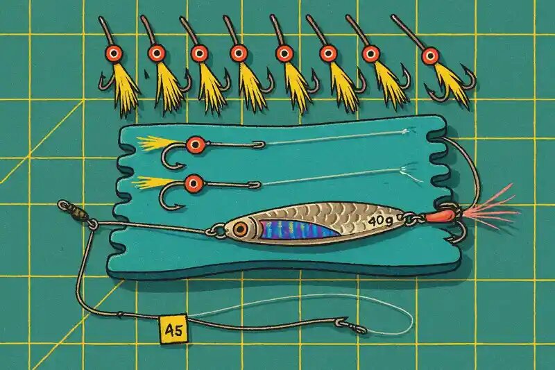 Готовая пилькерная снасть: пилькер 12 г, флюорокарбоновый поводок 20 см, муха на конце