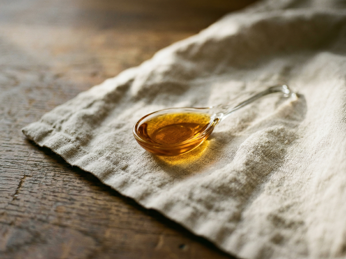 льняное масло в стеклянной ложке — золотисто-янтарный цвет натурального льняного масла холодного отжима