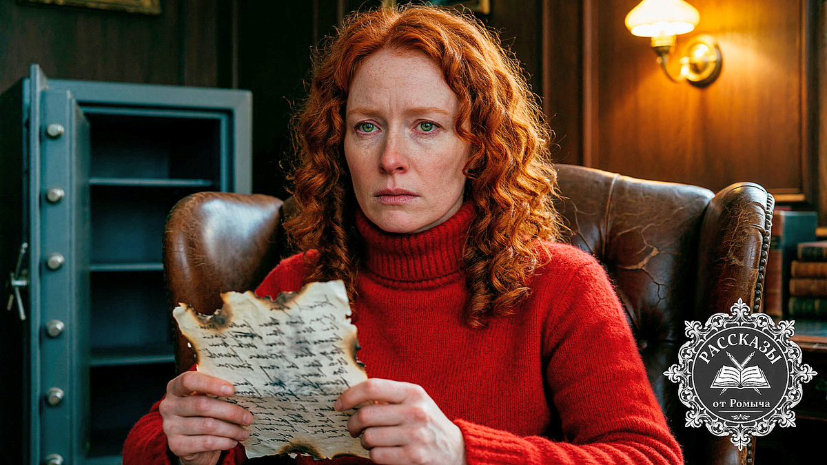 Женщина, рыжие волосы, зеленые глаза, в ярко-красном свитере. Она сидит в старом кожаном кресле в полутемном кабинете, в её руках обгоревший лист бумаги с рукописным текстом. На заднем плане, в тени, виден открытый сейф.