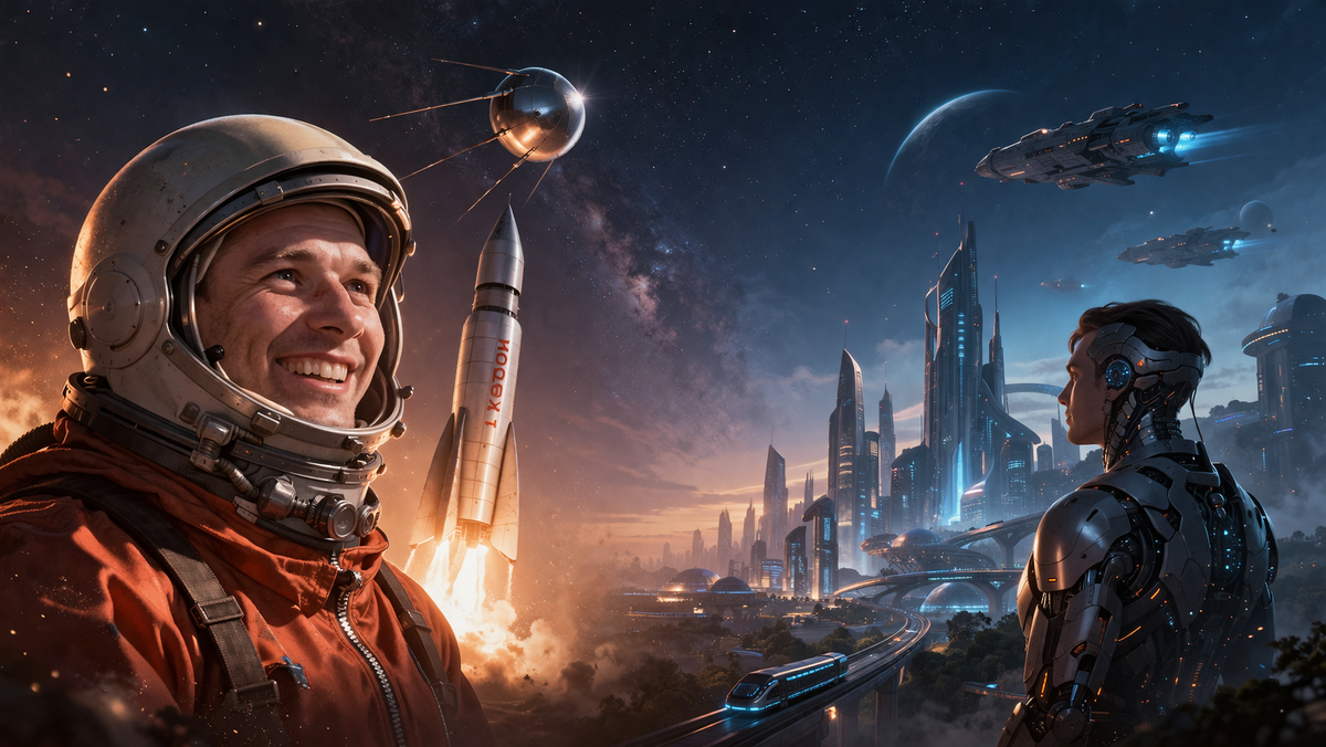 Первые шаги человечества по освоению космоса и возможное будущее глазами нейронки. 