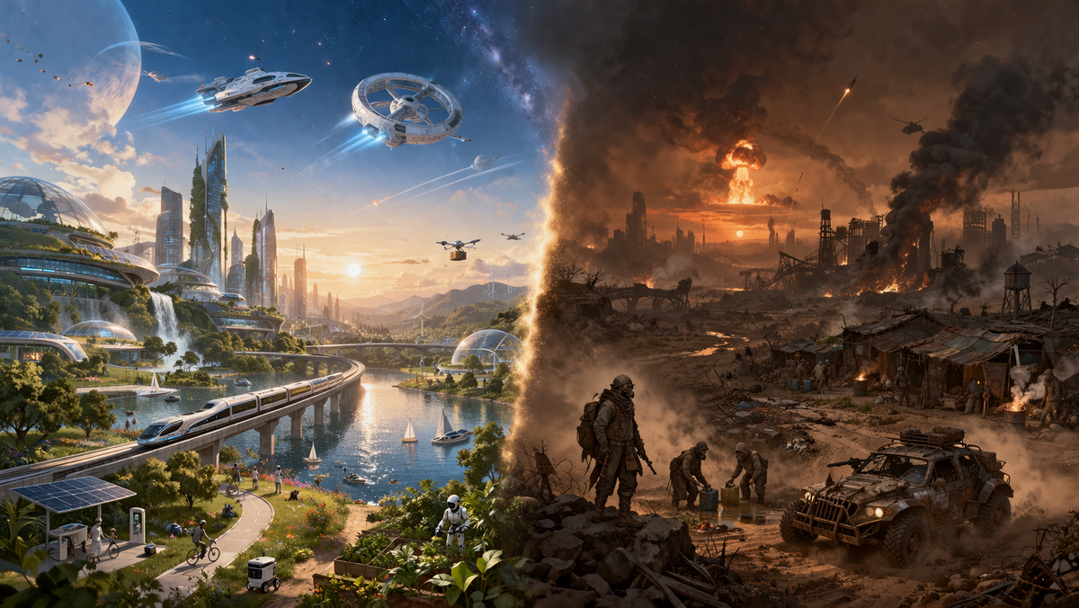 Попросил нейронку показать мне прекрасное и ужасное будущее человечества) 