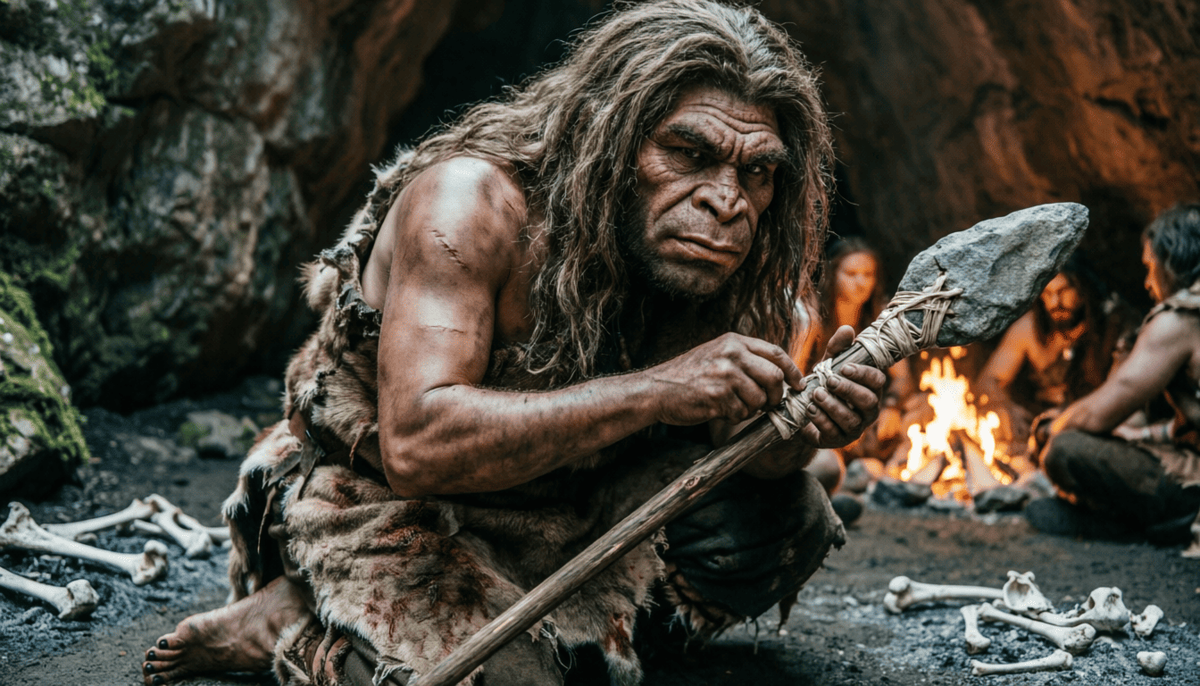 На фотографии изображен первобытный мужчина с длинными волосами в шкурах, сидящий на земле среди костей и закрепляющий камень на палке возле огня и других людей. Изображение сгенерировано в ИИ для иллюстрации идеи.