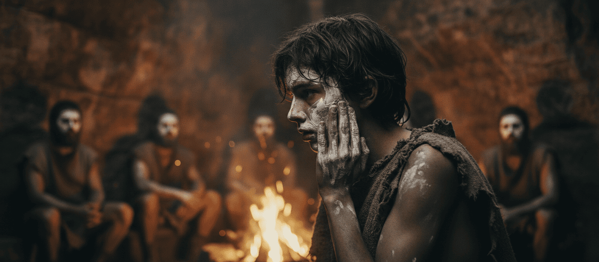 На фотографии изображен первобытный мальчик с белой краской на лице и руке, прикасающийся к щеке. Позади горит огонь и сидят люди с раскрашенными лицами. Изображение сгенерировано в ИИ для иллюстрации идеи.