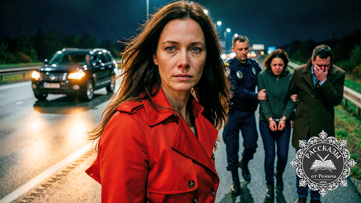 Женщина с каштановыми волосами и темно-серыми глазами, в ярко-красном плаще, стоит на обочине ночного шоссе. На заднем плане двое мужчин в штатском уводят женщину в наручниках и рыдающего мужчину в пальто к черному внедорожнику.