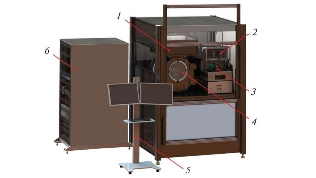    3D-модель сухого аэрозольного принтера: (1) система лазерного спекания, (2) лазерный оптимизатор, (3) газоразрядный генератор наночастиц, (4) камера печати, (5) стенд оператора и (6) управляющий компьютер / © Physical and Chemical Processes in Atomic Systems