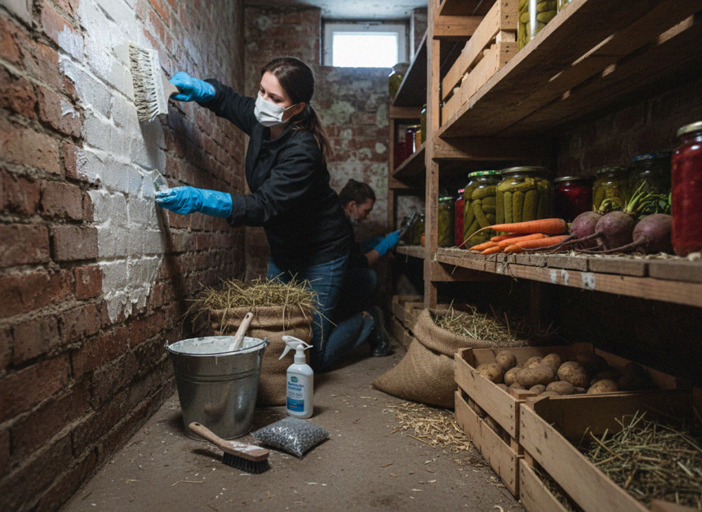    Нанесение побелки и дезинфекция погреба для защиты овощей и консервации от плесени и гнили. adminzelenayausadba