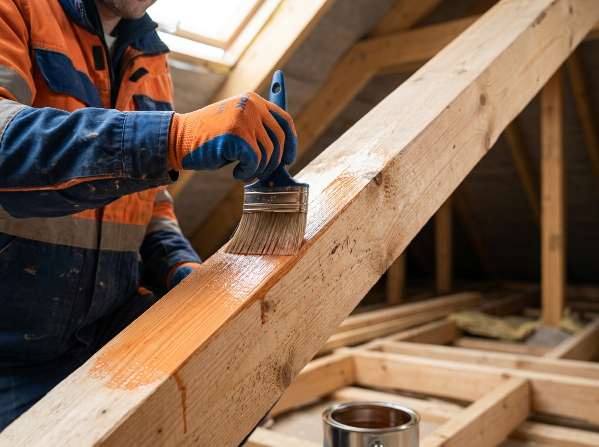 Огнебиозащитная обработка деревянных стропил защищает от огня, гниения и насекомых