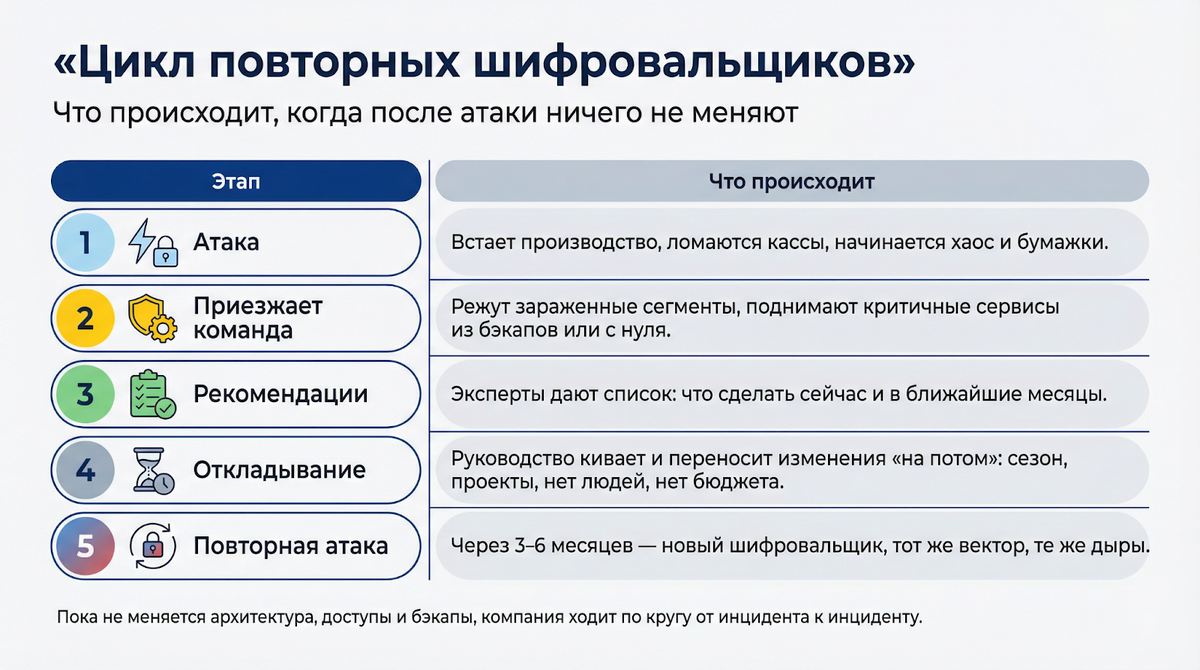 

Такая картина иногда повторяется по несколько циклов. Мы поднимаем инфраструктуру, пишем план по архитектуре, доступам, резервированию, мониторингу — клиент уходит «делать сам» и возвращается только к следующему крупному инциденту. Перелом наступает, когда внутри честно говорят: «хватит жить в вечном пожаре, давайте один раз сделаем нормально».