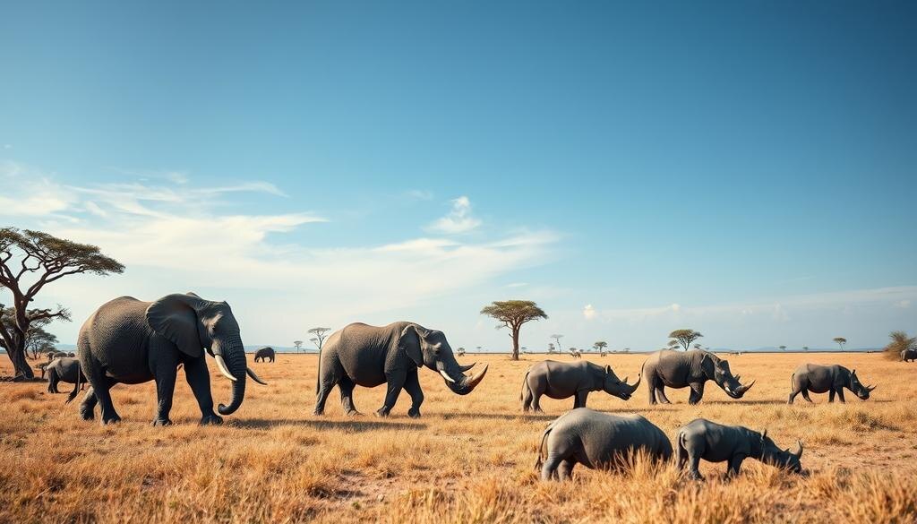    Африканская саванна с величественными слонами, носорогами и бегемотами на фоне акций и открытых просторов.