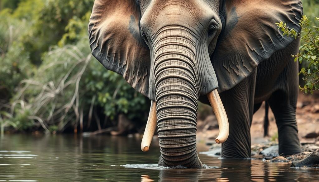    Африканский слон с большими ушами и впечатляющими бивнями, пьющий воду из реки, окружённый насыщенной растительностью.