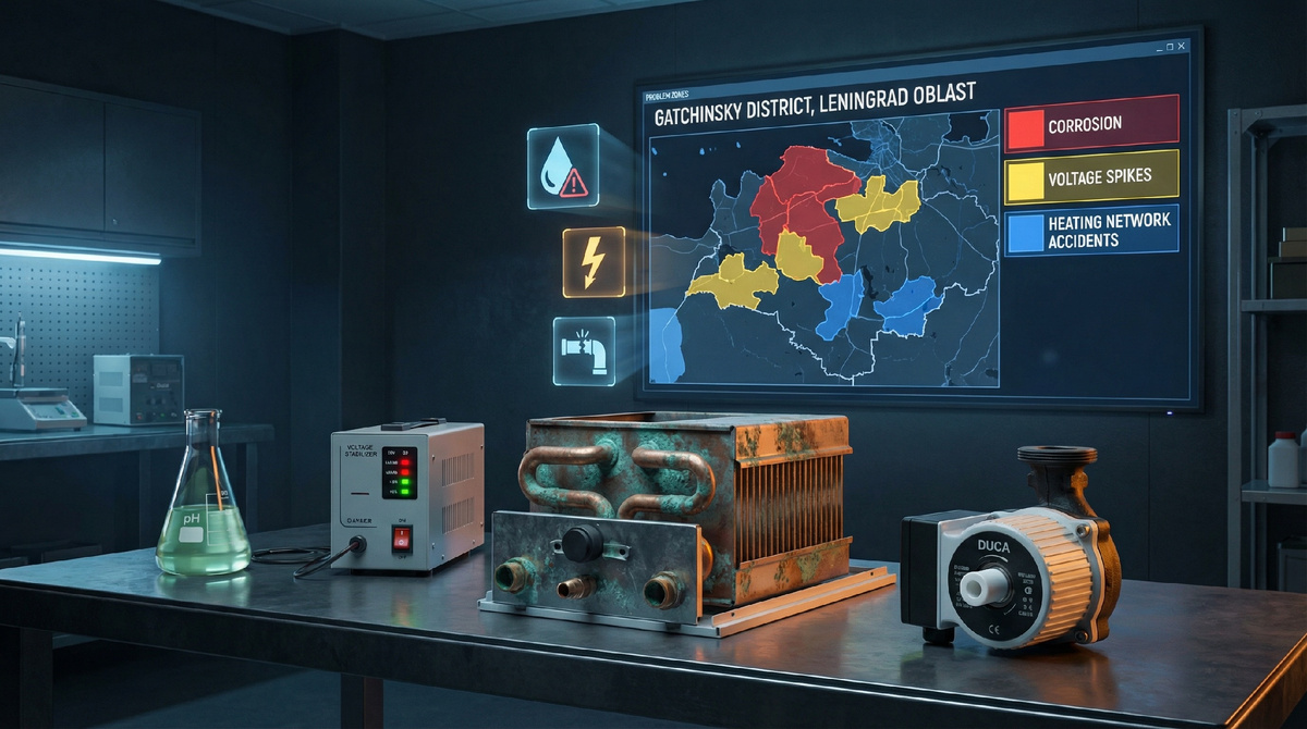 Расследование «Лаборатории Климата». Второе из серии «Район за районом».

Гатчина, Сиверский, Коммунар, Вырица, Тайцы, Дружная Горка, Елизаветино — десятки тысяч жителей. Красивая природа, исторические дворцы и… постоянные проблемы с отоплением. Котлы текут, батареи едва тёплые, свет моргает, а счета за газ растут.

Мы изучили десятки жалоб, сводки аварий, пробы воды и отзывы монтажников. Вот главные болевые точки Гатчинского района и инженерные решения, которые реально работают.