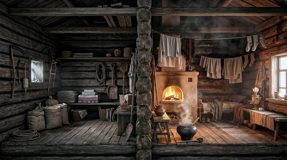 Деревенский дом в разрезе: изба - справа, клеть- слева. Фото из открытых источников.