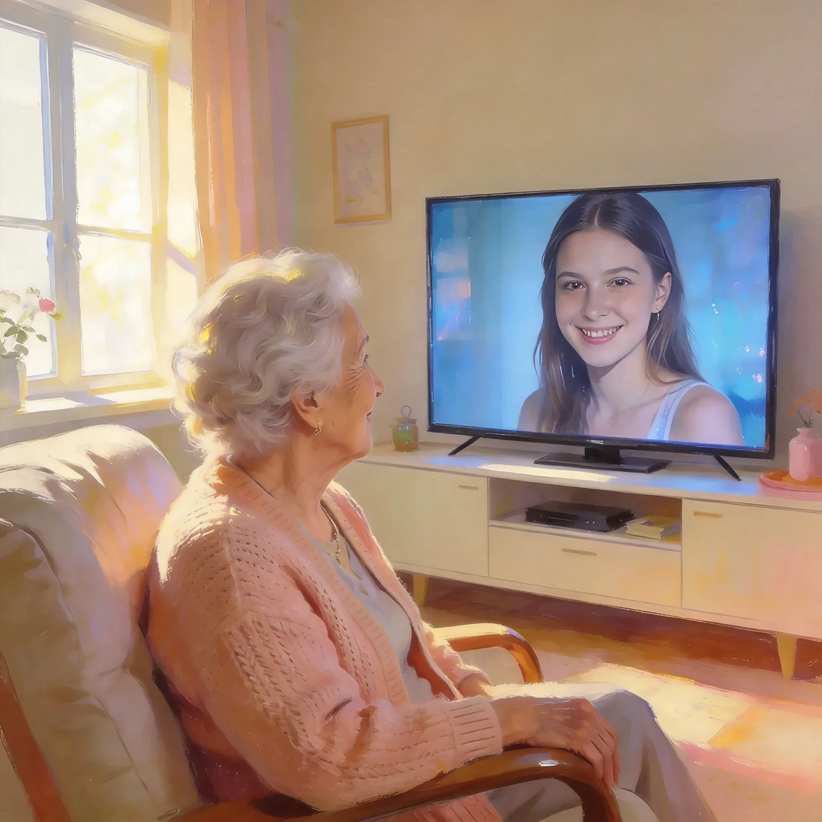 Телевизор может не только показывать новости, но и показывать тех, кого вы любите. Внучка на экране — как будто в комнате. Главное — один раз настроить. И расстояния больше нет.