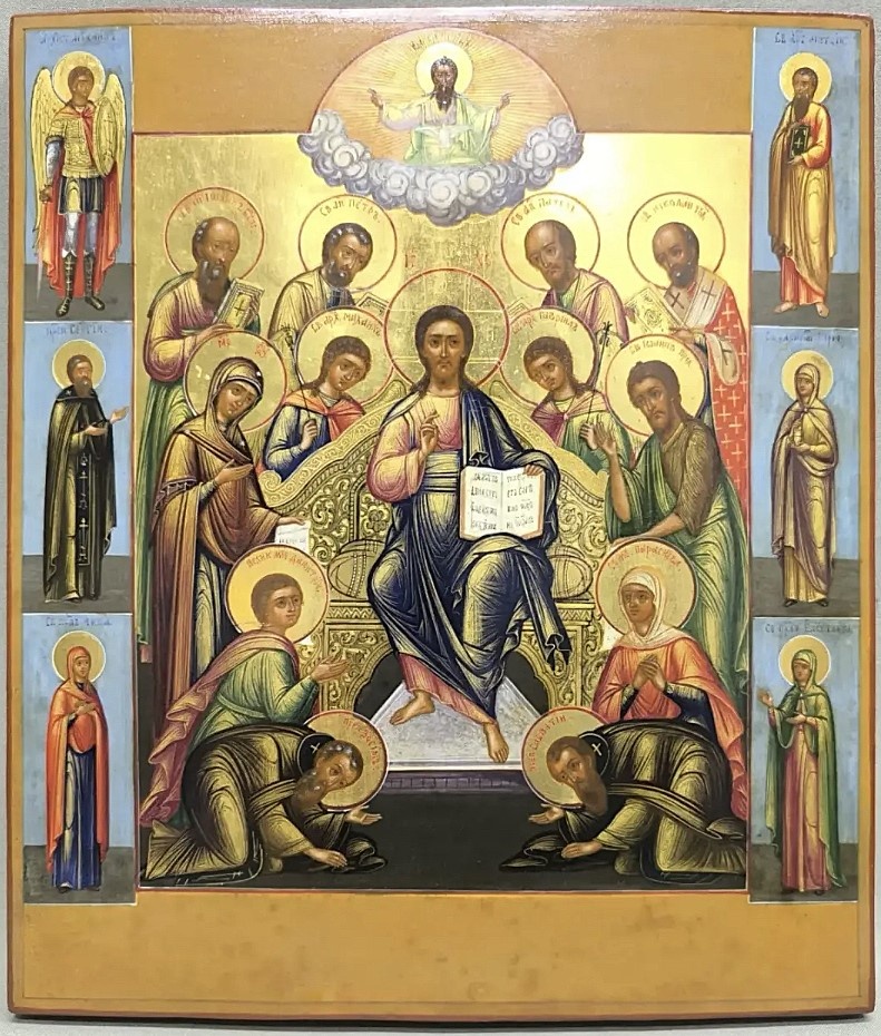 Икона «Деисус. Спаситель на троне с предстоящими святыми и предстоящими на полях»
Автор: мастерская И.Ф. Ерзунова. Иван Фёдорович Ерзунов.
Время создания: конец 19 – начало 20 века.
