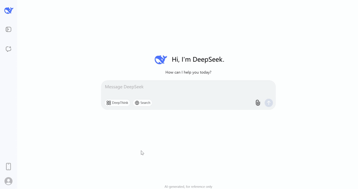   Интерфейс чата DeepSeek: поле ввода, кнопки Deep Think и поиска. Источник: deepseek.com
