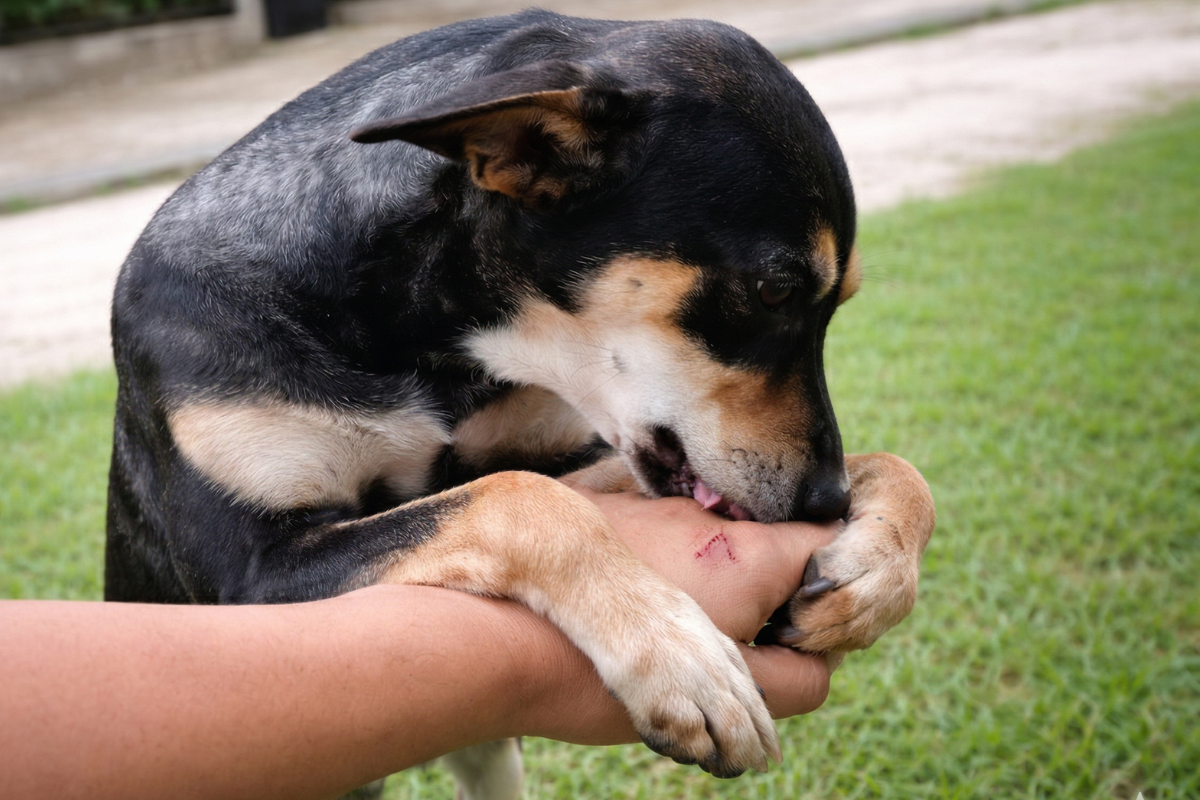 Собака лижет руку хозяина 