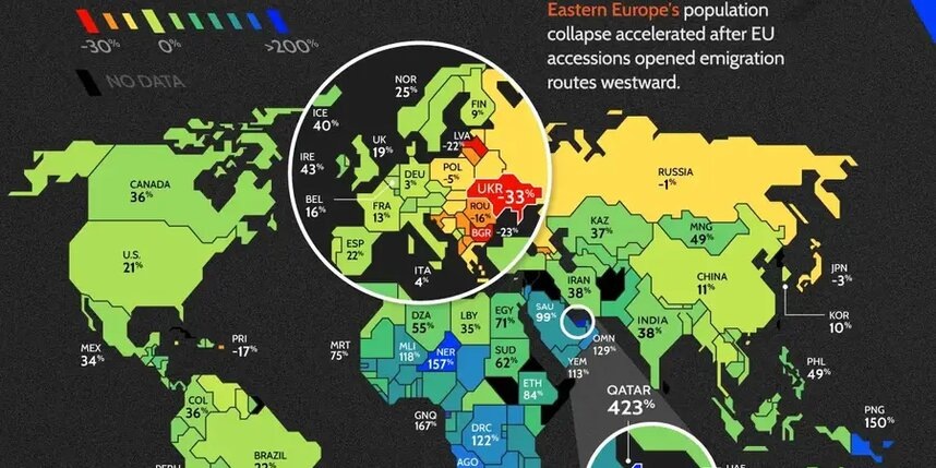 Опубликована карта изменения насления мира с 2000 по 2025 годы
