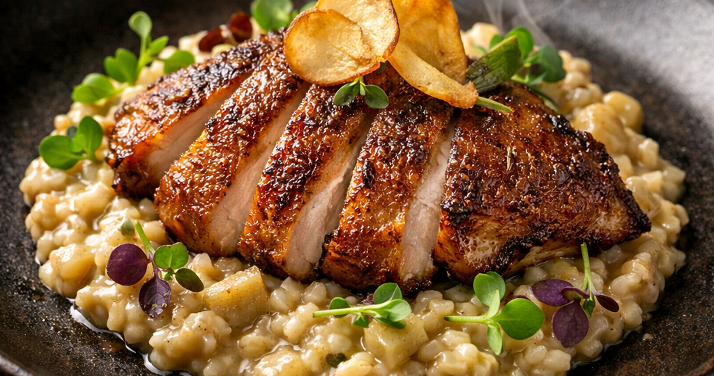 Цесарка «двойное конфи» с полбой, топинамбуром и трюфельным кремом