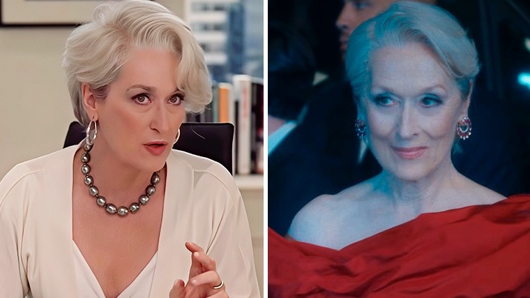 Кадр из к/ф «Дьявол носит Prada», реж. Дэвид Фрэнкел, 2006 г.; кадр из к/ф «Дьявол носит Prada 2», реж. Дэвид Фрэнкел, 2026 г.